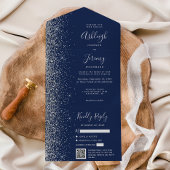 Navy Blue Silver Glitter QR Code Wedding オールインワン招待状