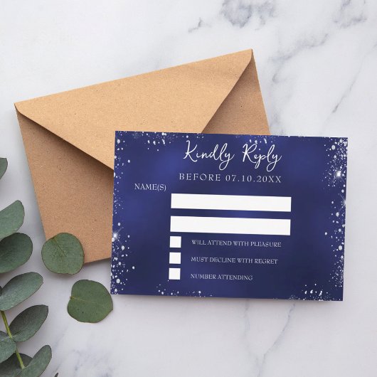 Navy blue silver glitter winter wedding RSVP ノートカード