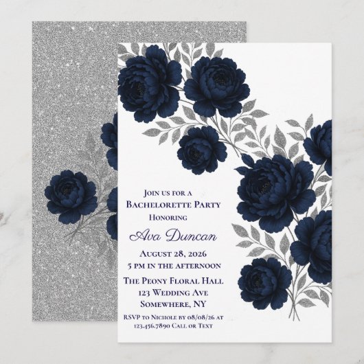 Navy Blue & Silver Leaves Bachelorette Party 招待状 (正面/裏面)