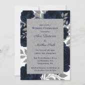 Navy Blue & Silver Leaves Wedding Celebration 招待状 (正面)