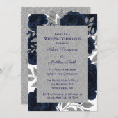Navy Blue & Silver Leaves Wedding Celebration 招待状 (正面/裏面)