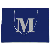Navy Blue & Silver Modern Letter Monogram ラージペーパーバッグ (正面)
