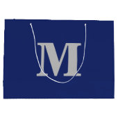 Navy Blue & Silver Modern Letter Monogram ラージペーパーバッグ (裏面)