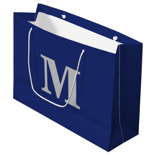 Navy Blue & Silver Modern Letter Monogram ラージペーパーバッグ (正面アングル)