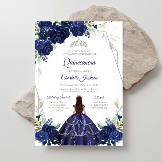 Navy Blue Silver Quinceanera Invitation 招待状