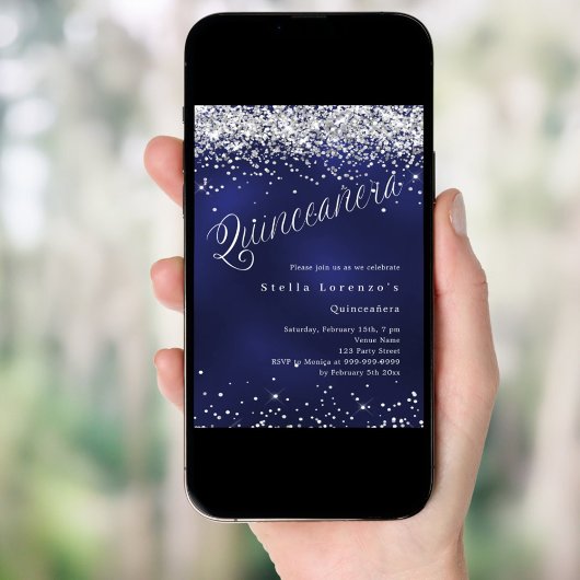 Navy blue silver script elegant Quinceanera 招待状