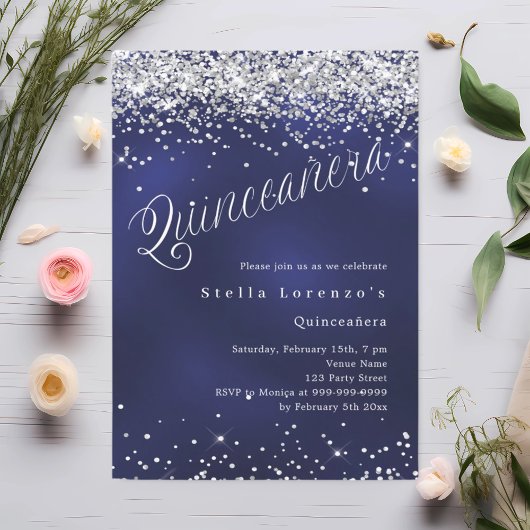 Navy blue silver script elegant Quinceanera 招待状