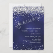 Navy blue silver script elegant Quinceanera 招待状 (正面)