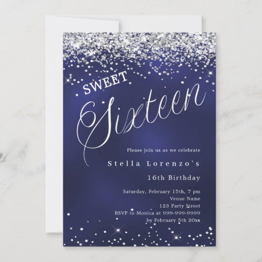 Navy blue silver script elegant Sweet 16 招待状 (正面)