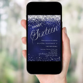 Navy blue silver script elegant Sweet 16 招待状