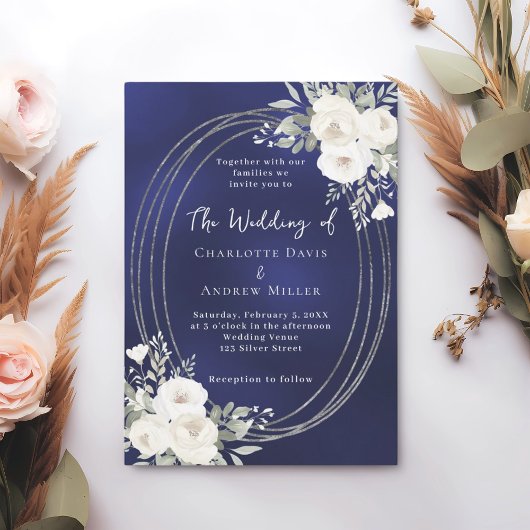 Navy blue silver white florals roses wedding 招待状