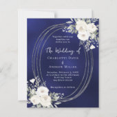 Navy blue silver white florals wedding invitation (正面)