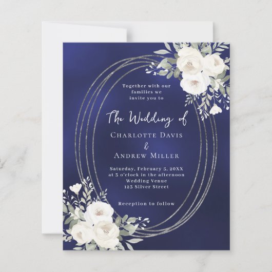 Navy blue silver white florals wedding invitation (正面)