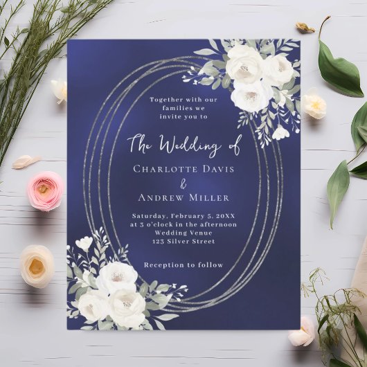 Navy blue silver white florals wedding invitation