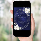 Navy blue silver white florals wedding QR RSVP 招待状