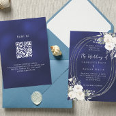 Navy blue silver white florals wedding QR RSVP 招待状