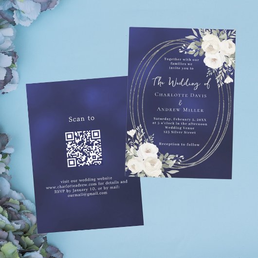 Navy blue silver white florals wedding QR RSVP 招待状