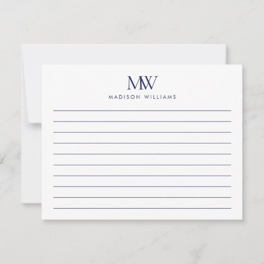 Navy Blue Simple Elegant Modern Monogram ノートカード (正面)