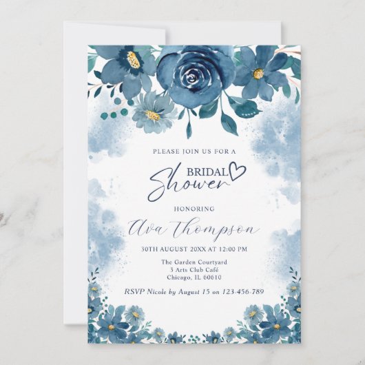 Navy Blue Smoke Floral Bridal Shower Invitation 招待状 (正面)