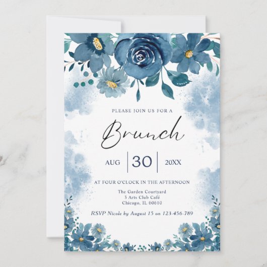 Navy Blue Smoke Floral Brunch Invite 招待状 (正面)