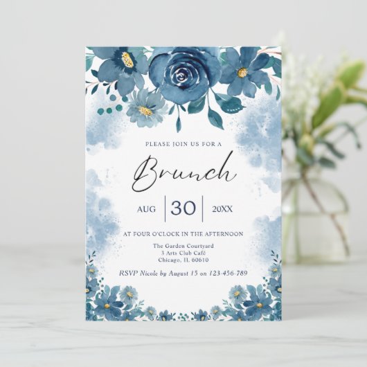 Navy Blue Smoke Floral Brunch Invite 招待状 (スタンド正面)
