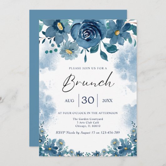 Navy Blue Smoke Floral Brunch Invite 招待状 (正面/裏面)