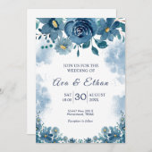 Navy Blue Smoke Floral Wedding Invitation 招待状 (正面/裏面)