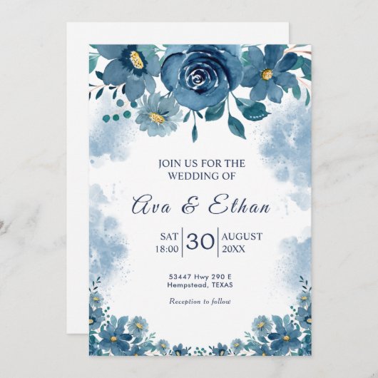 Navy Blue Smoke Floral Wedding Invitation 招待状 (正面/裏面)