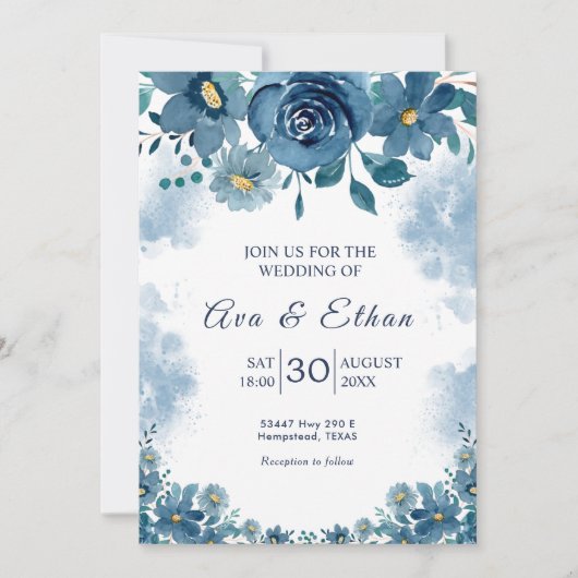Navy Blue Smoke Floral Wedding Invitation 招待状 (正面)