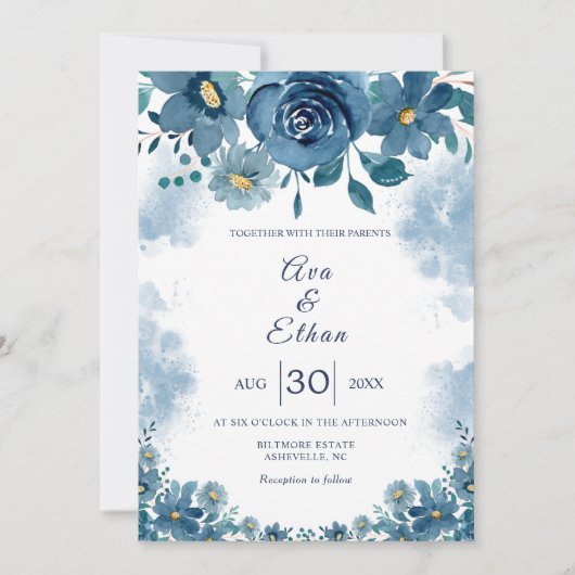 Navy Blue Smoke Floral Wedding Invitation 招待状 (正面)