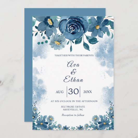 Navy Blue Smoke Floral Wedding Invitation 招待状 (正面/裏面)