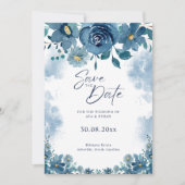 Navy Blue Smoke Floral Wedding Save The Date 招待状 (正面)