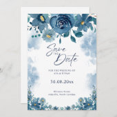Navy Blue Smoke Floral Wedding Save The Date 招待状 (正面/裏面)