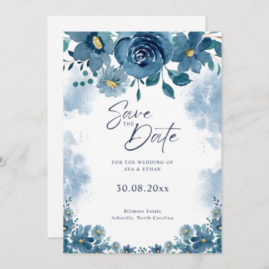Navy Blue Smoke Floral Wedding Save The Date 招待状 (正面/裏面)