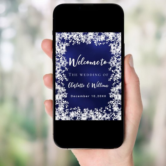 Navy blue snowflakes wedding welcome sign ポスター