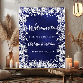 Navy blue snowflakes wedding welcome sign ポスター