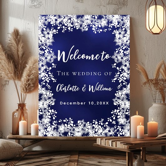 Navy blue snowflakes wedding welcome sign ポスター