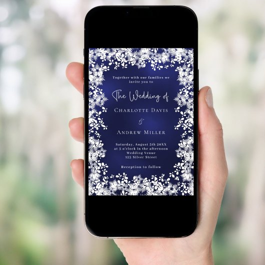 Navy blue snowflakes winter wedding QR code RSVP 招待状