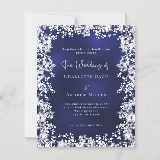 Navy blue snowflakes winter wedding QR invitation (正面)