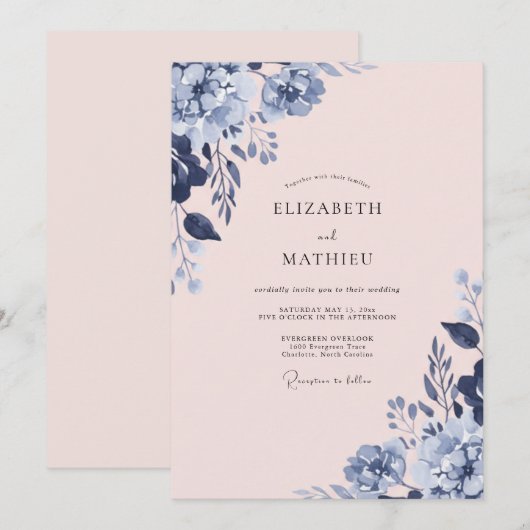 Navy Blue Soft Spring Wedding 招待状 (正面/裏面)