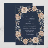 Navy Blue Sophisticated Botanical Wedding 招待状 (正面/裏面)