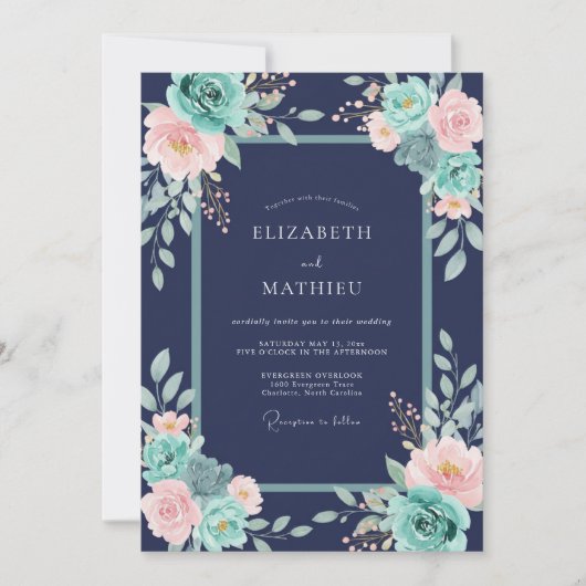 Navy Blue Splendid Floral Wedding 招待状 (正面)
