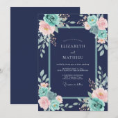 Navy Blue Splendid Floral Wedding 招待状 (正面/裏面)