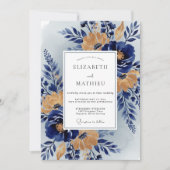Navy Blue Stately Botanical Wedding 招待状 (正面)