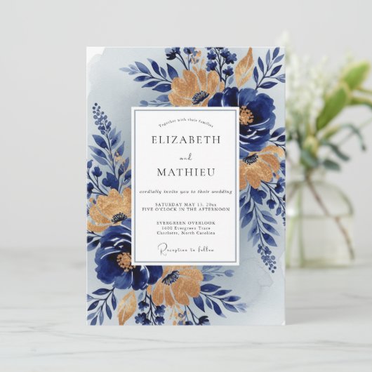 Navy Blue Stately Botanical Wedding 招待状 (スタンド正面)