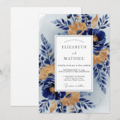 Navy Blue Stately Botanical Wedding 招待状 (正面/裏面)