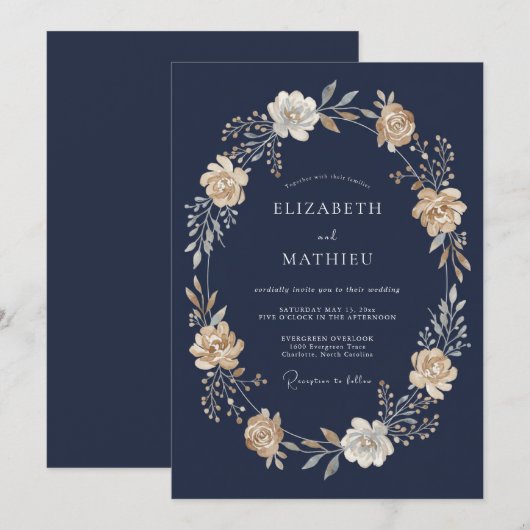 Navy Blue Stately Evening Wedding 招待状 (正面/裏面)