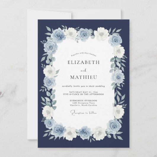 Navy Blue Stately Floral Wedding 招待状 (正面)