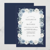 Navy Blue Stately Floral Wedding 招待状 (正面/裏面)