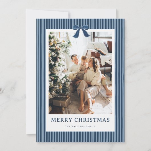 Navy Blue Stripe Bow Christmas Photo Holiday Card シーズンカード (正面)